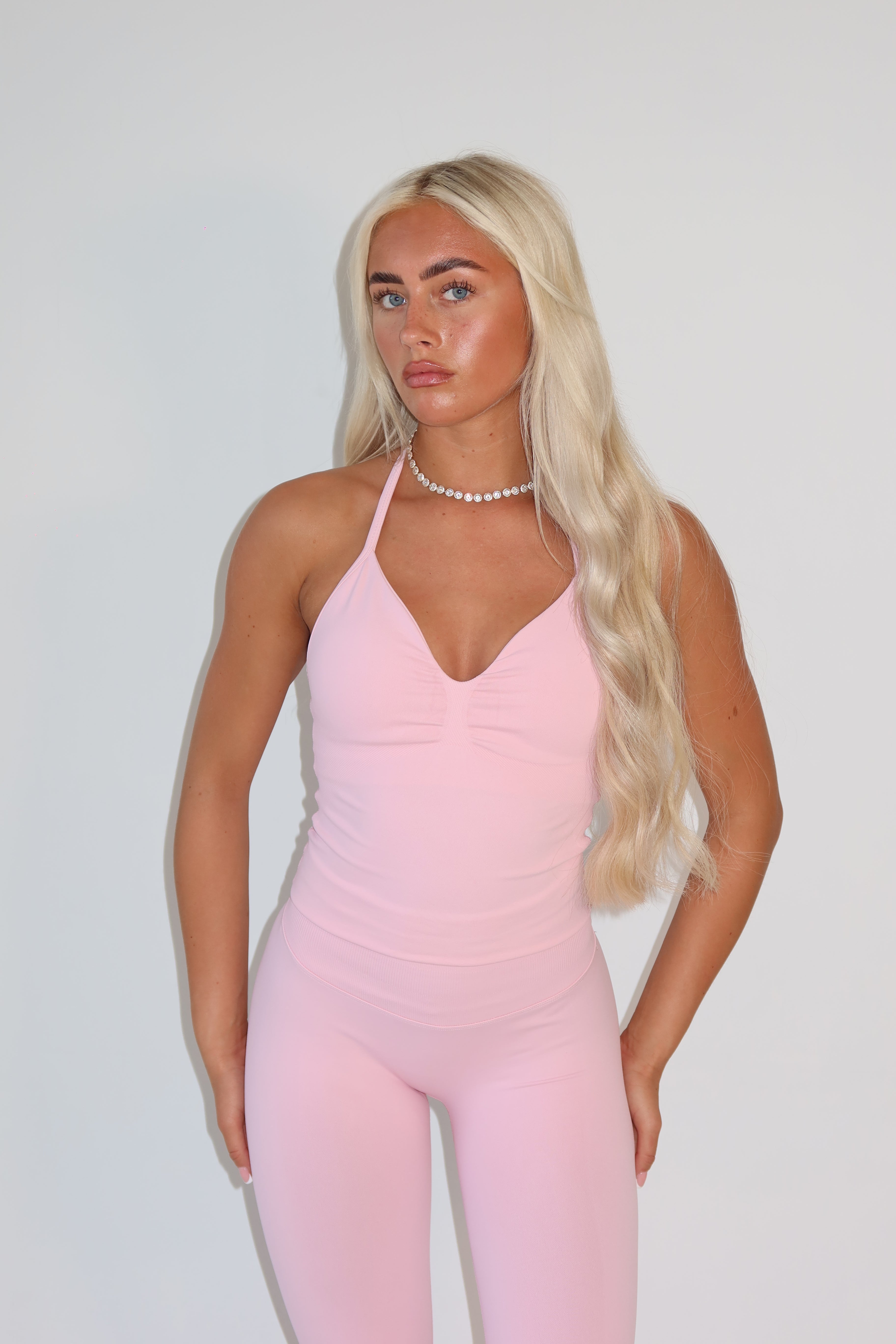 Candy Pink Sculpted Halter Neck Top